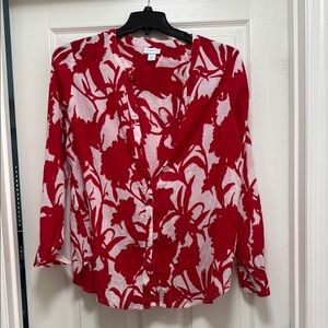 Liz Claiborne Red and White Buttoned Blouse with Mandarin Collar